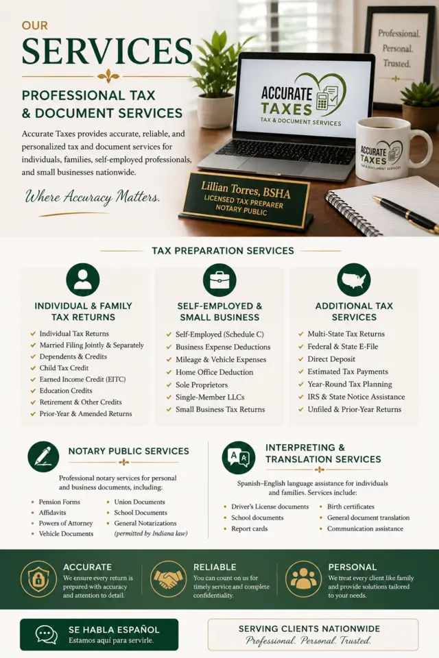 Tax preparation, notary, interpreting and translation services